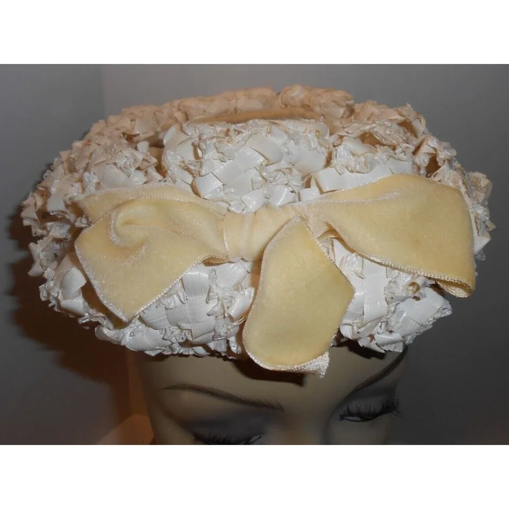 Women's Vintage Hat Shelbert Designs Popcorn Straw Yellow Bow Small 20